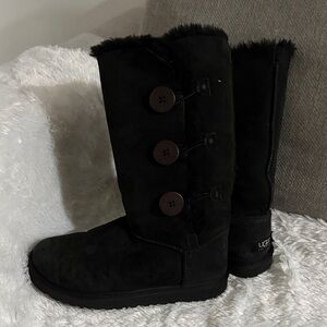 UGG Black Three-Button Shearling Mid-Calf Boots